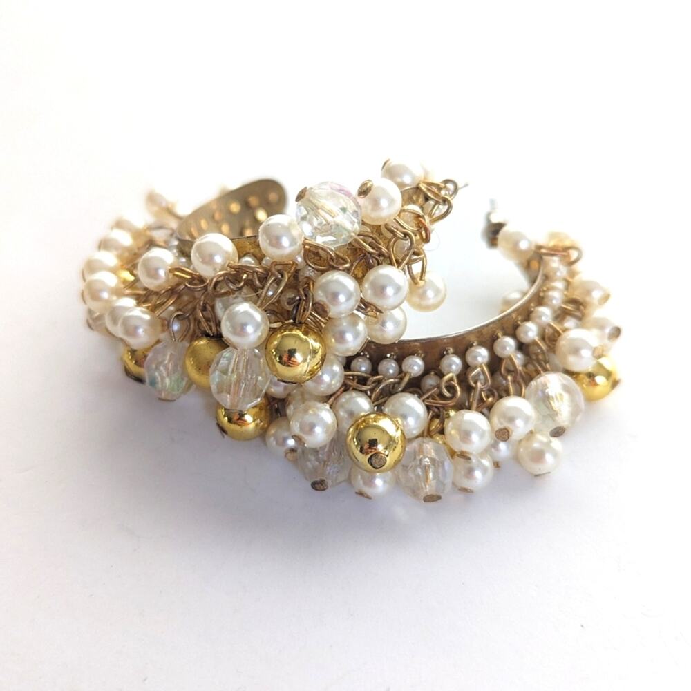 Vintage Faux Pearl Statement ChaCha Beaded Half Hoop Avant Garde Post Earrings